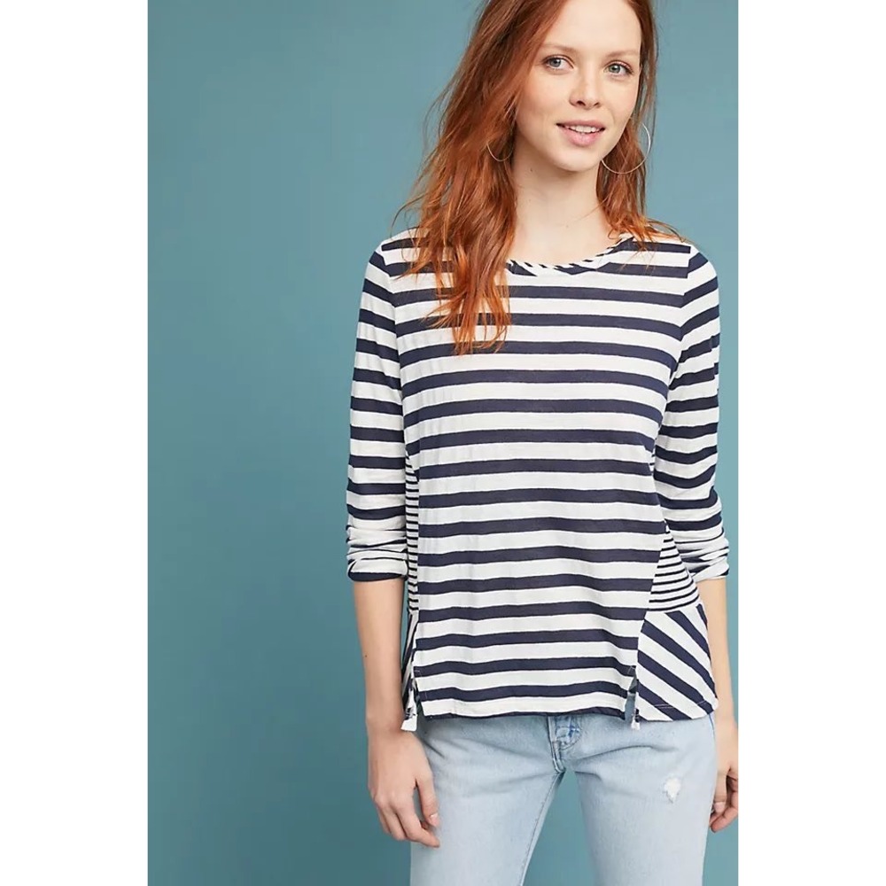 Maeve Anthropologie Mixed Stripe Long Sleeve Top Navy Small High Low Hem boho